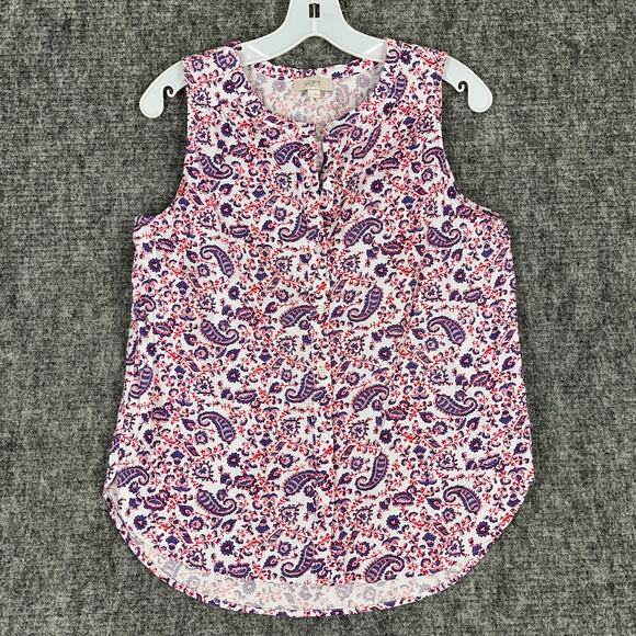 LOFT Shirt Womens Small‎ Floral Red Sleeveless Button Up Scoop Neck Cottagecore - Picture 1 of 8